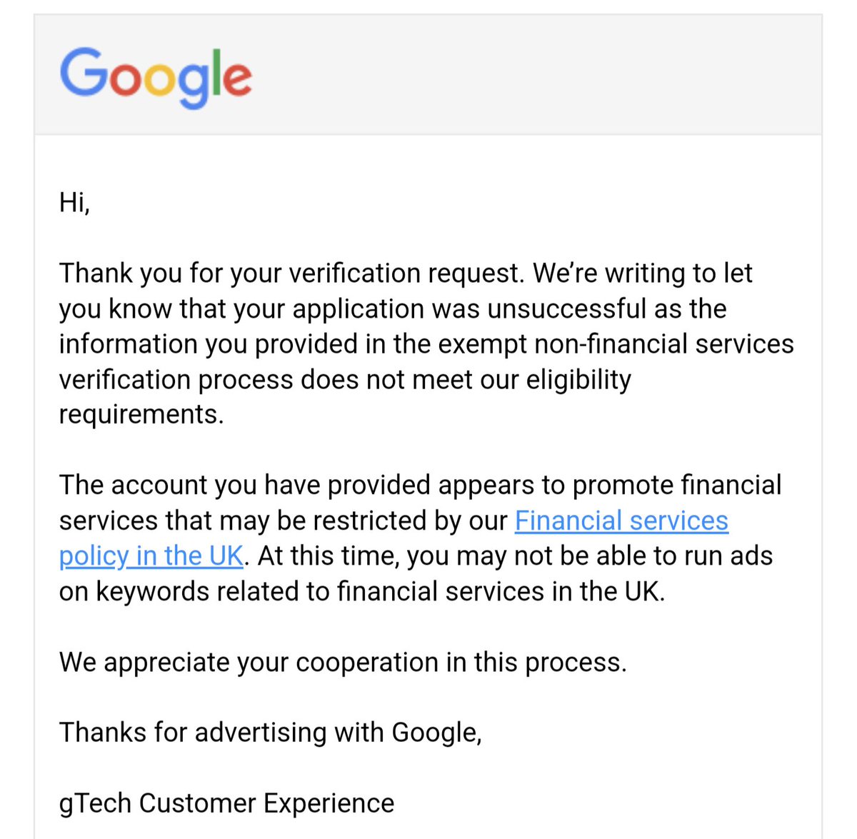 LeeMaidment_'s tweet photo. This was a response to a 'non-financial services exemption' request. Compare that to the support advice given. Contradictary and leaving us with very little in the way of a solution 😭 https://t.co/DGW3gibsIT