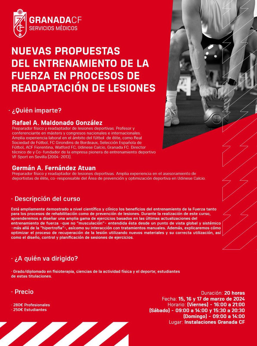 GranadaCF_Salud's tweet photo. 🥼 𝗙𝗢𝗥𝗠𝗔𝗖𝗜𝗢́𝗡

ℹ️ Nuevas propuestas de la fuerza.   

👨🏻‍🏫 Impartido por Rafael A. Maldonado y Germán A. Fernández 

🗓 15, 16 y 17 de marzo 
💰 280€ profesionales / 250€ estudiantes

🔗 Toda la información en: https://t.co/xEaIpn347y

#𝙎𝙖𝙡𝙪𝙙𝙂𝙧𝙖𝙣𝙖𝙙𝙖𝘾𝙁 🇦🇹 https://t.co/h0HnfMXmJl