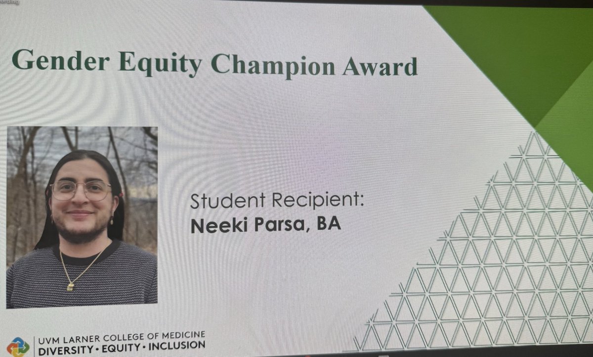 UVMPattyPrelock's tweet photo. Faculty member, Jennifer Hall and medical student, Neeki Parsa were recognized this week as Gender Equity Champions ⁦@uvmvermont⁩ ⁦@UVMLarnerMed⁩ ⁦@UVMMedCenter⁩   Congratulations! https://t.co/EPmz3fmDl9