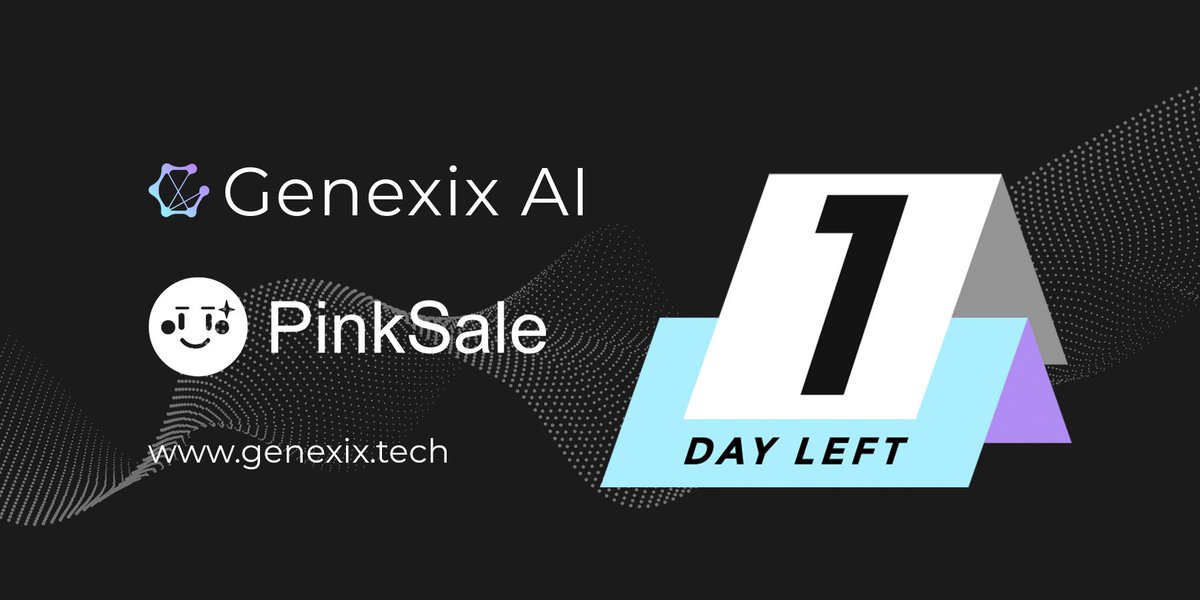 genexixai's tweet photo. The countdown is on, with only one day remaining in the $GNX presale. This is your last chance to get in on the ground floor of a game-changing opportunity. 

Take advantage of this limited-time offer and secure your position before the presale comes to a close. Act now and join the ranks of forward-thinking investors positioning themselves for success. 

https://t.co/7YAyWTD94V