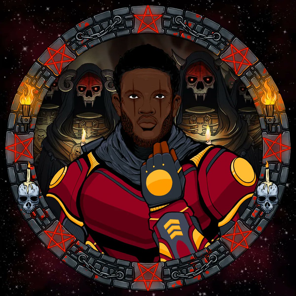 BizarreStarsNFT's tweet photo. New Bizarre Stars Series 2 Council of Skulls Background Reveal!
Shinobley Portrait (Evan Mobley) was created by @ShinjiAkhirah and the Dark Ritual Border and Council of Skulls Background were created by @zakalwe_x!
Did you know that EVERY Bizarre Stars Series 2 Border, Background and Player is hand drawn to perfection by our team of artists?
