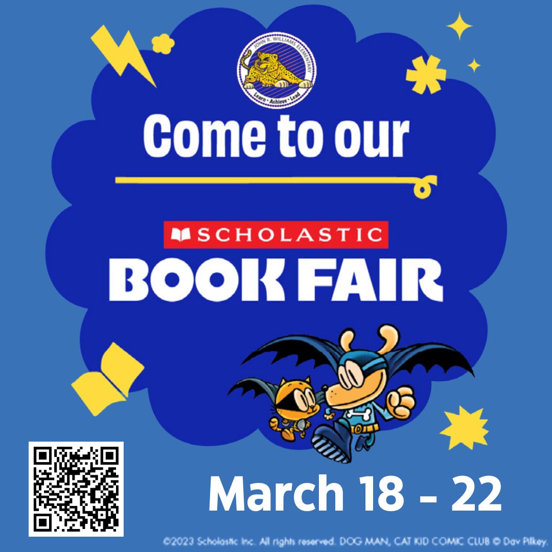 JRWStockton's tweet photo. Our Scholastic Book Fair is just around the corner! Students can buy books in the John R. Williams library to benefit our school starting on Monday, March 18. Parents: To set up an eWallet so your child can shop without cash, use the QR code in this graphic. #Scholastic #BookFair https://t.co/J6TfSjM8EN