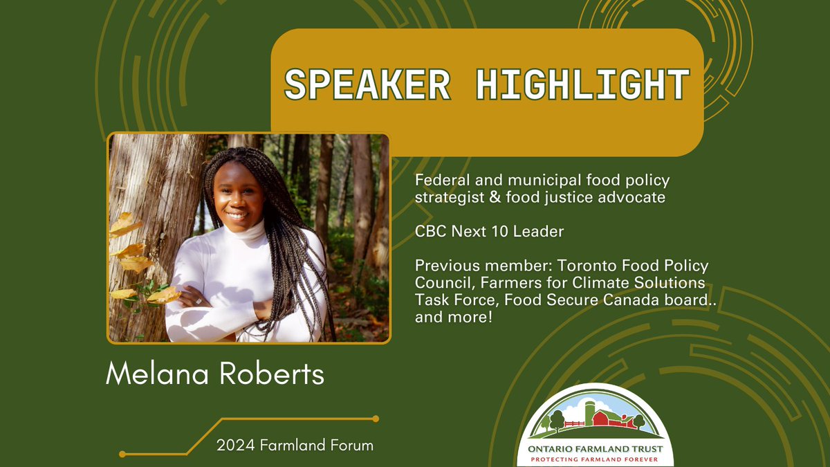 Melana Roberts is the #2024FarmlandForum Afternoon Plenary Speaker! @RobertsMelana is a community advocate and food policy strategist who brings a community-driven, equitable focus to food systems. For more details visit: ontariofarmlandtrust.ca/forum/ #ontag #farmlandforever