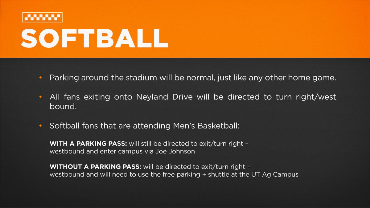 Got a very busy Saturday on Rocky Top!

On your way to support <a href="/Vol_Softball/">Tennessee Softball</a>, <a href="/Vol_Baseball/">Tennessee Baseball</a> and/or <a href="/Vol_Hoops/">Tennessee Basketball</a>? Read up on parking/traffic info below

Key points:
1. Be early
2. If you don't have a parking pass, use the free shuttles

More information at UTSports.com/gameday