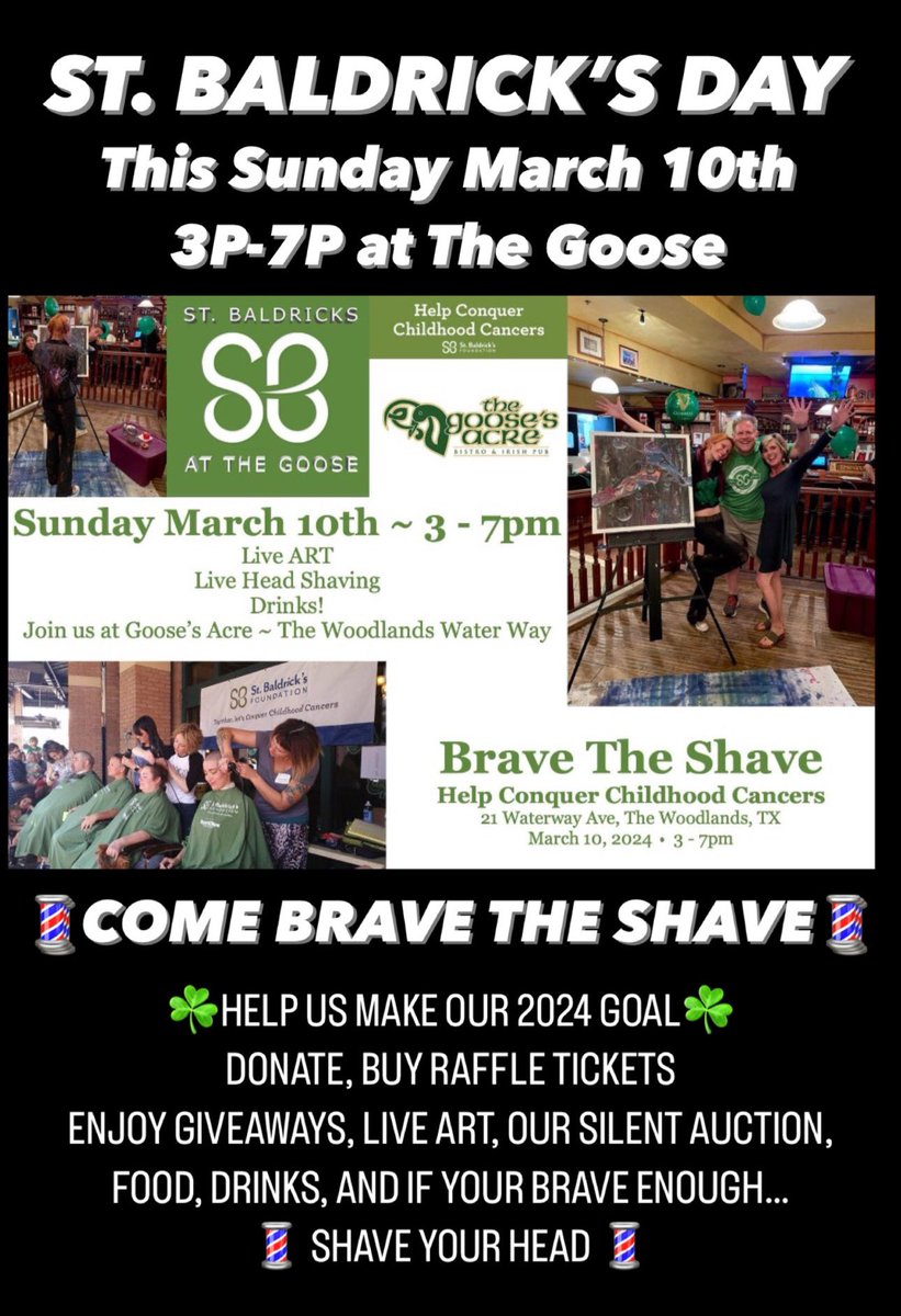 TheGoosesAcre1's tweet photo. #StBaldricksDay at #TheGoose
Come💈 #BraveTheShave💈
Sunday March 10th  3P-7P

☘️Watch, Participate, Donate☘️
 #ChildhoodCancerResearch 

Proceeds Benefiting the @StBaldricks Foundation &amp; their Research of #ChildhoodCancer 

⬇️See Our Progress &amp; Donate⬇️
https://t.co/jV4GkTtIpH https://t.co/yK5VKiHfJv