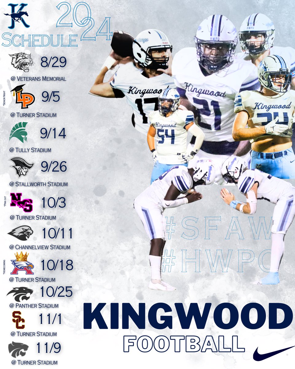 We're locked in 🔒

Here is the schedule for your 2024 KINGWOOD MUSTANGS ‼️‼️‼️

#HWPO #SFAW #KingwoodALLIN