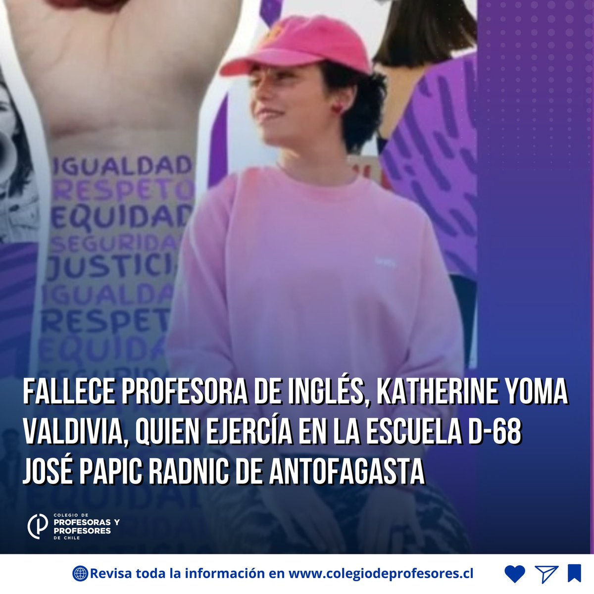 ⚫🌹Triste 8M. En las últimas horas hemos conocido el fallecimiento de la Profesora de Inglés, Katherine Yoma Valdivia, quien ejercía en la Escuela D-68 José Papic Radnic de Antofagasta.  

La profesora se habría quitado la vida tras no superar cuadros de ansiedad, depresión y