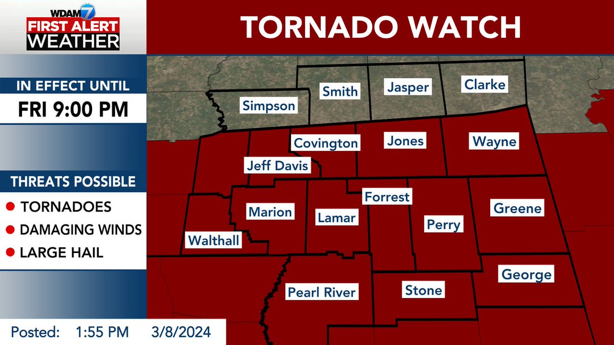 WDAMMaxThree's tweet photo. 🚨𝗙𝗜𝗥𝗦𝗧 𝗔𝗟𝗘𝗥𝗧🚨 TORNADO WATCH: Conditions are favorable for tornadoes. Take shelter immediately if a warning is issued.  Stay Tuned to WDAM and the WDAM 7 First Alert Weather App. https://t.co/zkQgzEMnQc