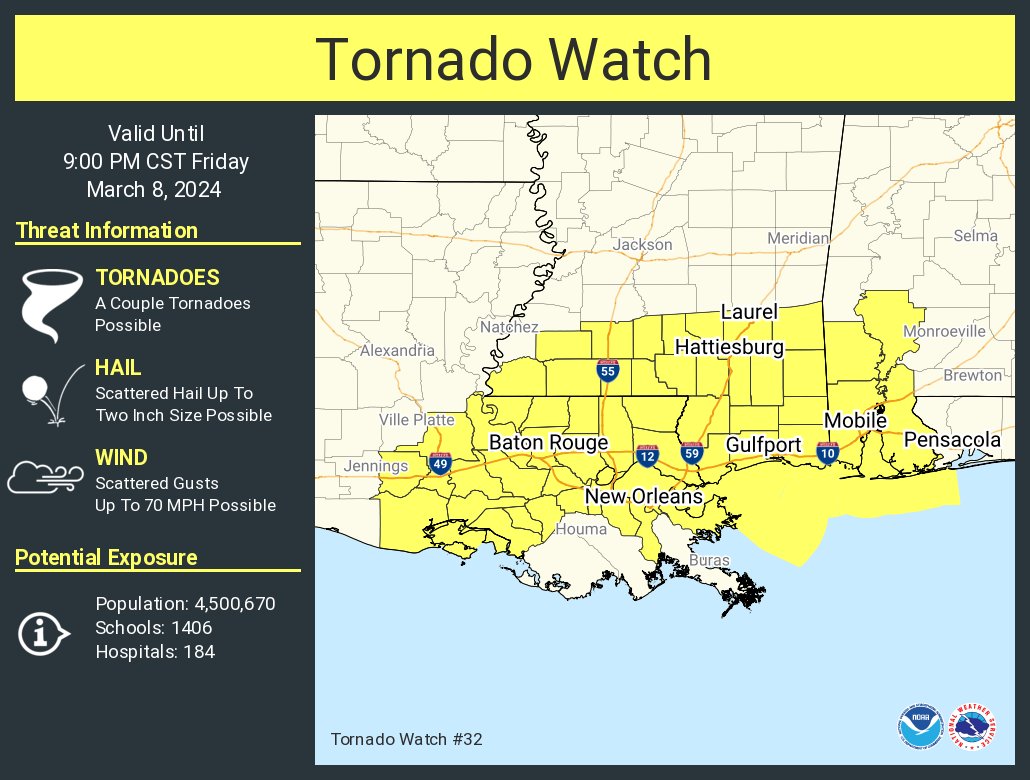 NWSNewOrleans's tweet photo. A tornado watch has been issued for parts of Alabama, Louisiana and Mississippi until 9 PM CST https://t.co/6xATUmJLux