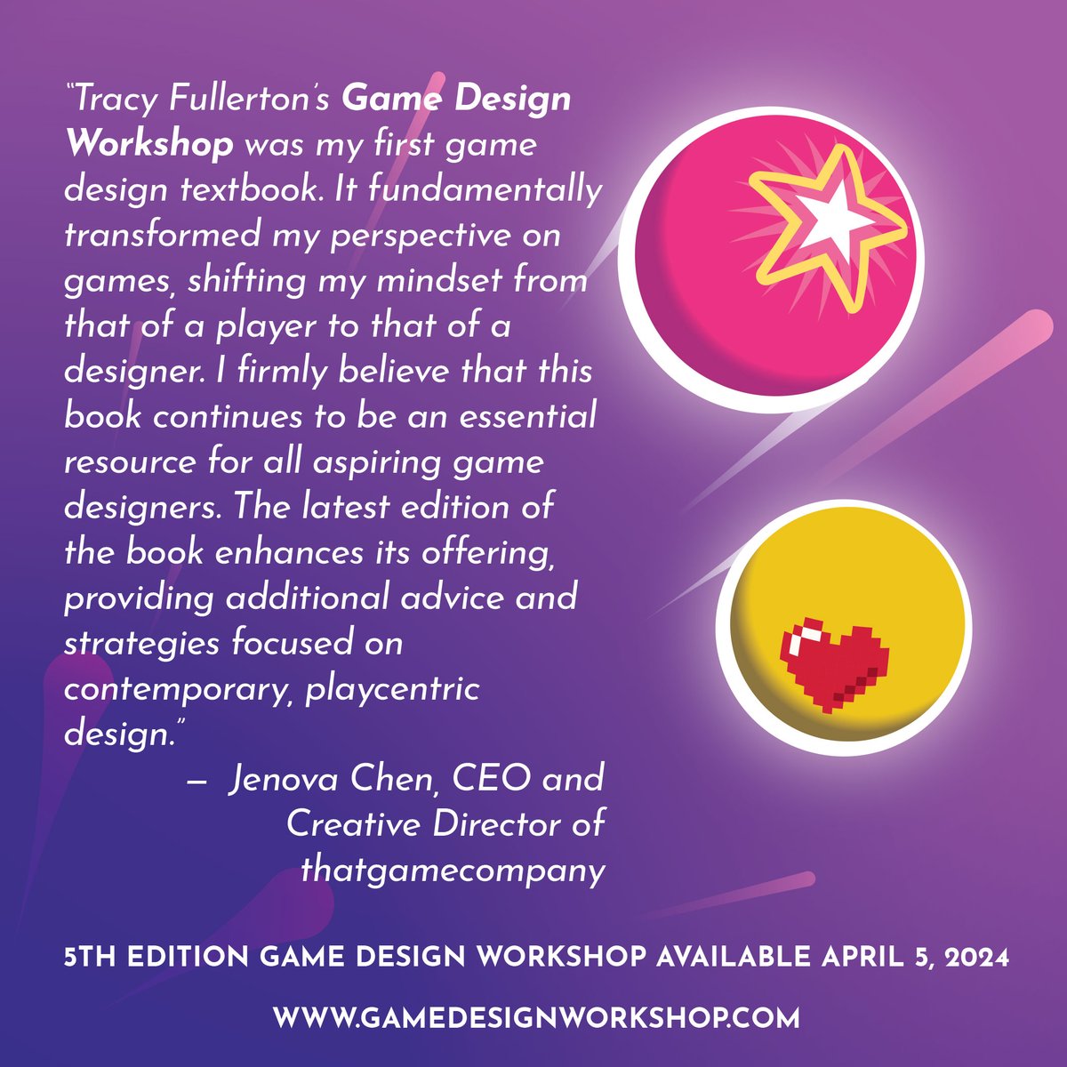 Praise from @jenovachen, Creative Director of <a href="/thatgamecompany/">thatgamecompany</a> for the forthcoming 5th edition of @gamedesignworkshop by @kinojabber! This updated edition marks the 20th anniversary of this gold standard of game design education! Available April 5!! Preview link in bio.👏👏👏🔥