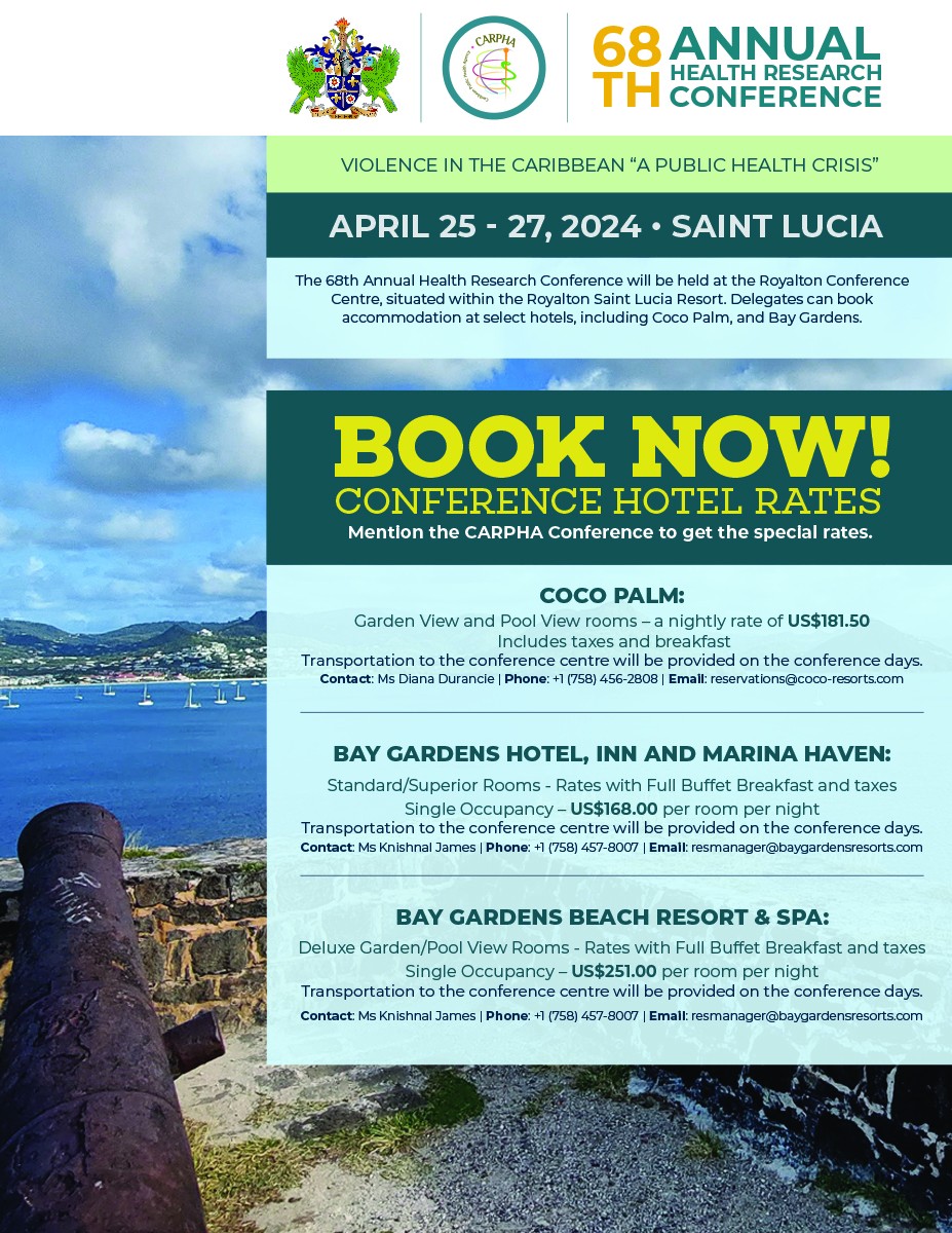 The Caribbean Public Health Agency (<a href="/CARPHA1/">Caribbean Public Health Agency (CARPHA)</a>) in collaboration with the Government of Saint Lucia through the Ministry of Health is hosting the 68th Annual Health Research Conference from 25 to 27 April 2024.
For more visit: conference.carpha.org
