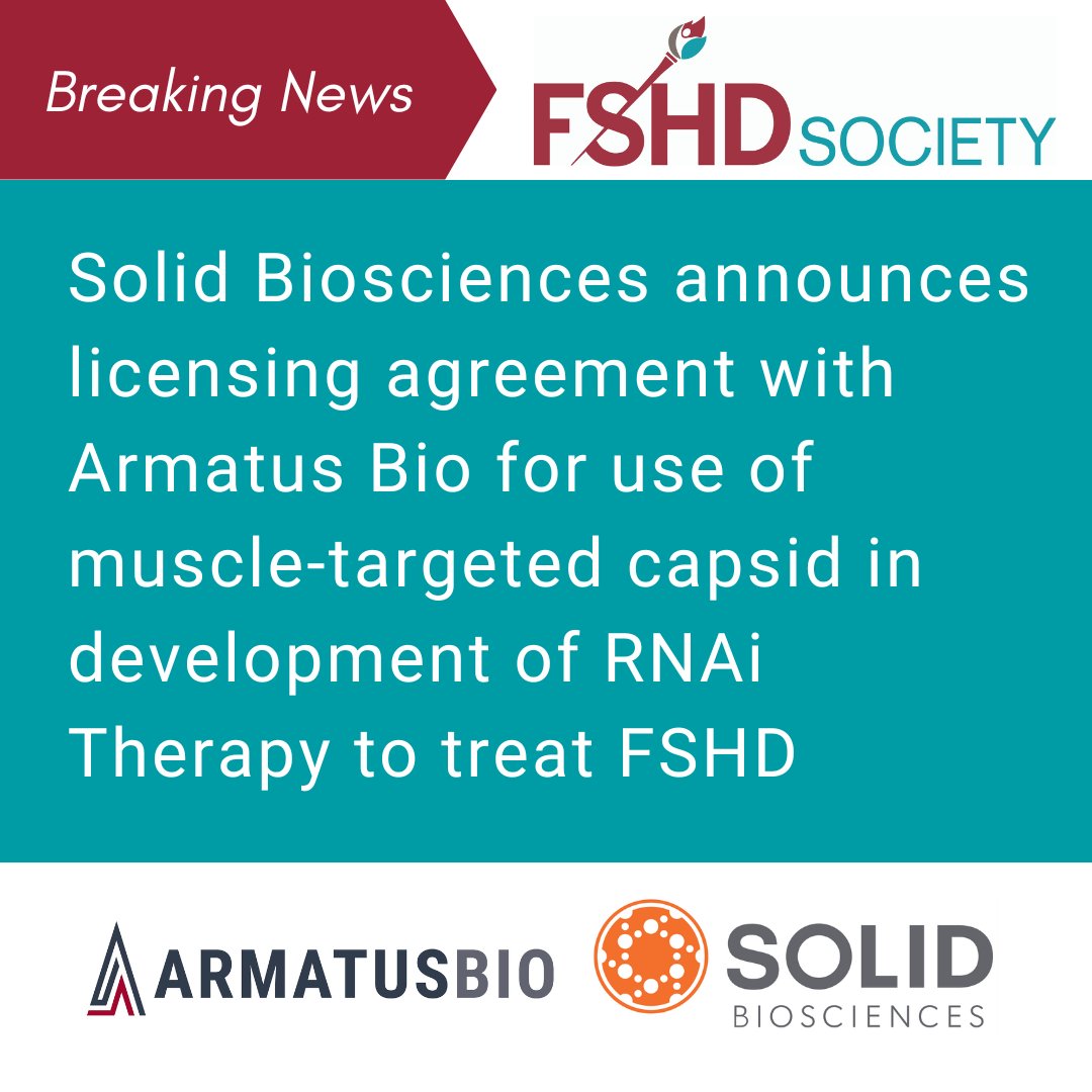 Solid Biosciences & Armatus Bio announced they are teaming up to develop a new treatment for FSHD! Using Solid's AAV-SLB101 tech, aimed at better muscle targeting, & Armatus' therapy candidate, ARM-201, they hope to create an effective RNAi treatment. ow.ly/Y5z850QP64c
