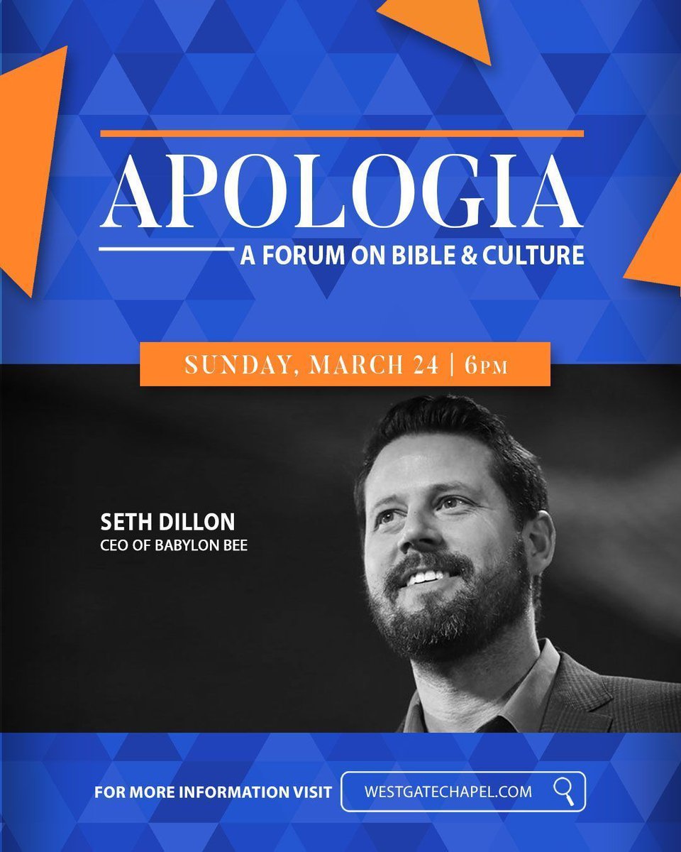 westgate_chapel's tweet photo. APOLOGIA: Forum welcomes special guest Seth Dillon, CEO of Babylon Bee, on Sun, Mar 24, 6pm. Our discussion: the effectiveness of humor, the moral imperative of mockery, and the dangers of censorship in today’s culture.
#APOLOGIA #BabylonBee #SethDillon #WestgateChapel https://t.co/4XDLi60MGl