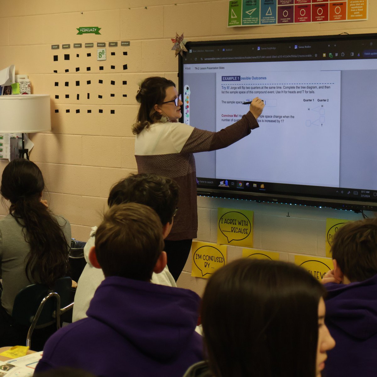 BedCoSchools's tweet photo. #CommunityMiddleSchool 8th graders in Mrs. Wynkoop's class recently discussed the possible outcomes of flipping two quarters simultaneously & how it changes if the number of quarters increases by one. #Probability #Education #BedfordCountySchools https://t.co/uFqc5LzYbO