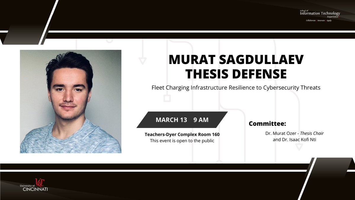 Join us for Murat Sagdullaev's thesis defense titled Fleet Charging Infrastructure Resilience to Cybersecurity Threats. This event is open to the public and will take place Wednesday, March 13th in TDC 160 starting at 9 AM. #cybersecurity #cyberthreats #infrastructure
