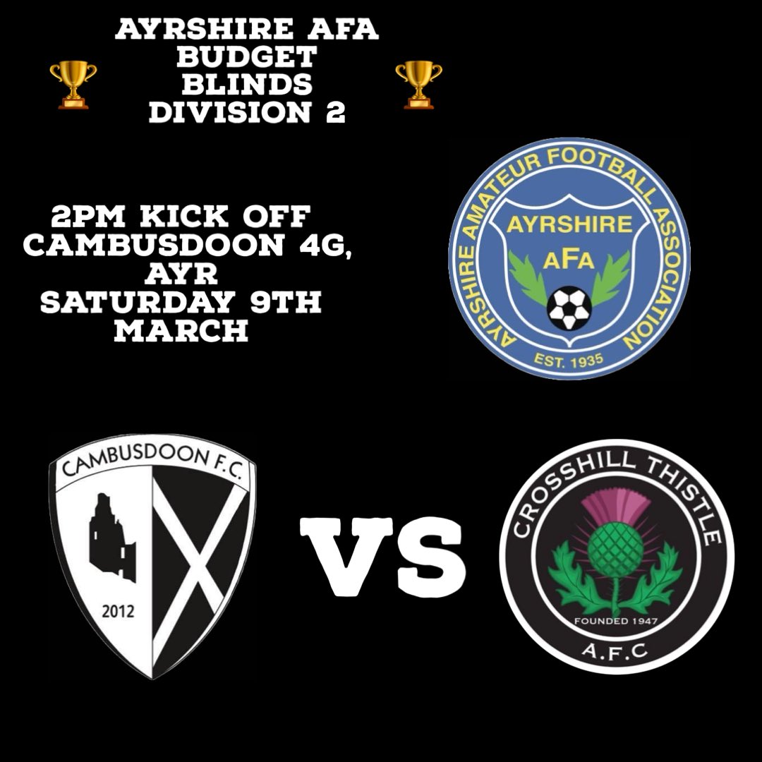 Tomorrow’s Fixture ⚽️

Tomorrow we make the short trip to Ayr to take on <a href="/CambusdoonFc/">Cambusdoon Football Club</a> , we will be looking forward to bounce back from last weeks disappointing performance and result.
<a href="/scottish_aff/">AmateurFixturesResultsSCO</a> 
MTH!! 

📍 Cambusdoon 4G, Ayr 
⏰ 2pm Kick Off 
🏆 <a href="/AyrshireAFA/">Ayrshire Amateurs</a> div 2