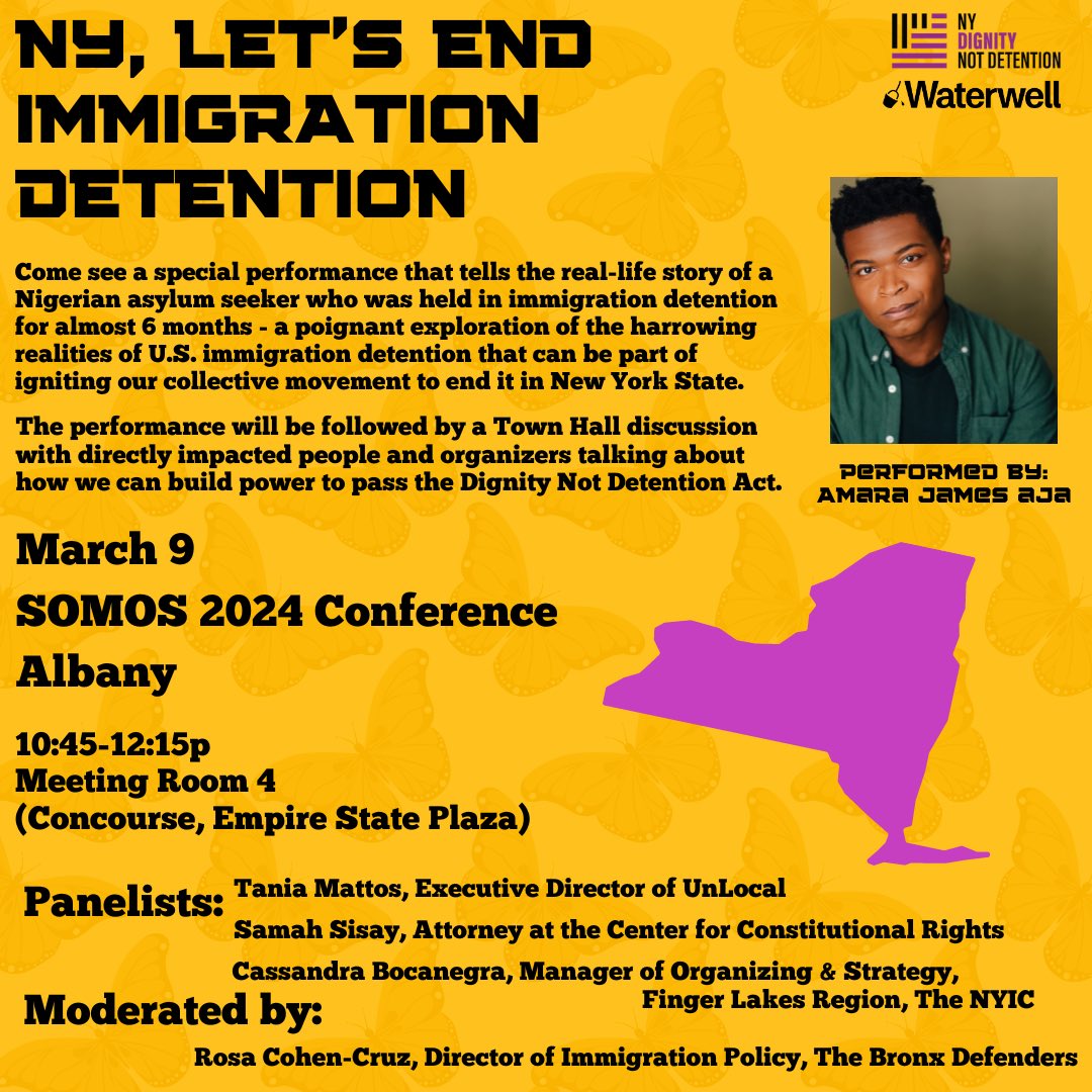 NY will end immigrant detention - find out how! TOMORROW: Join our March 9 event at SOMOS. Come learn about the bill championed by Sen. Salazar and Asm. Reyes, hear from organizers and people directly impacted by immigration detention and see a play performed by Amara James Aja!