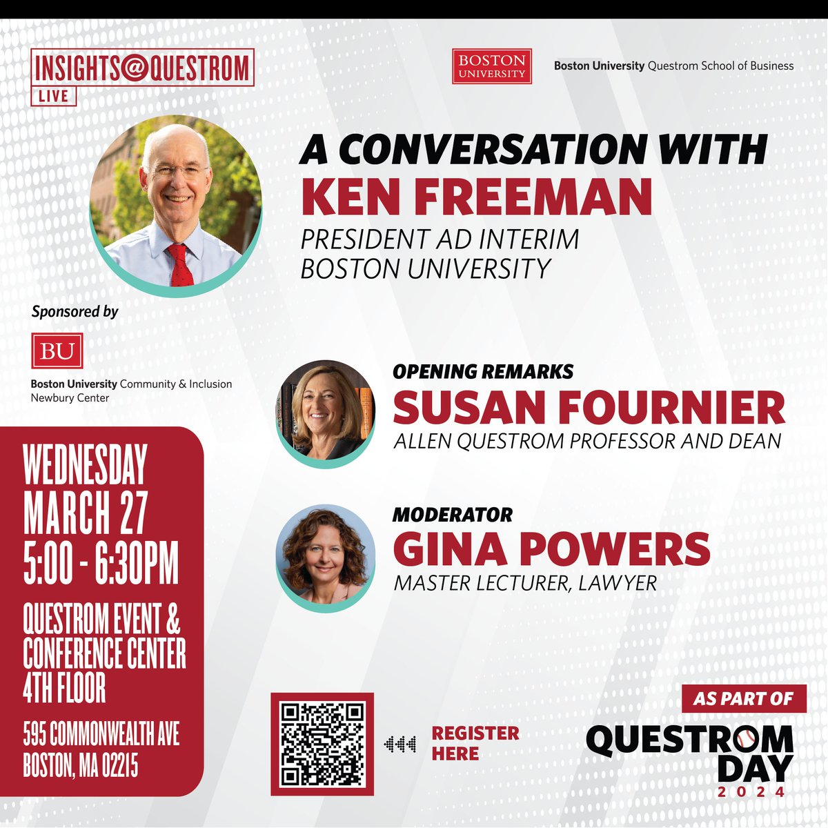 BUQuestrom's tweet image. BU Interim President Ken Freeman will discuss how his experience as a 🎓 first-generation graduate shaped his career on Wednesday, March 27th at 5 PM, as a part of Questrom Day! All are invited! Sign up here: spr.ly/6019XFxjc #QuestromDay #firstgengraduate