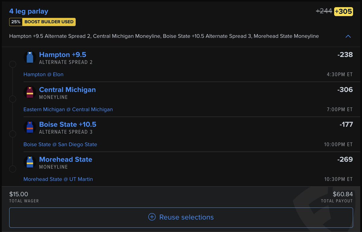deeppocketsfull's tweet image. Boost Builder parlay, 4 Pick 🎯 

Parlay is on #FanDuel here's the plays: 

• Hampton +9.5
• Central Michigan ML   
• Boise State +10.5  
• Morehead State ML  

$15.00 -&amp;gt; $60.84 | Odds boost +305 🚀 

Like = Tailing 🍀 
#FreePicks | #FreeBets | #GamblingX | #MarchMadness