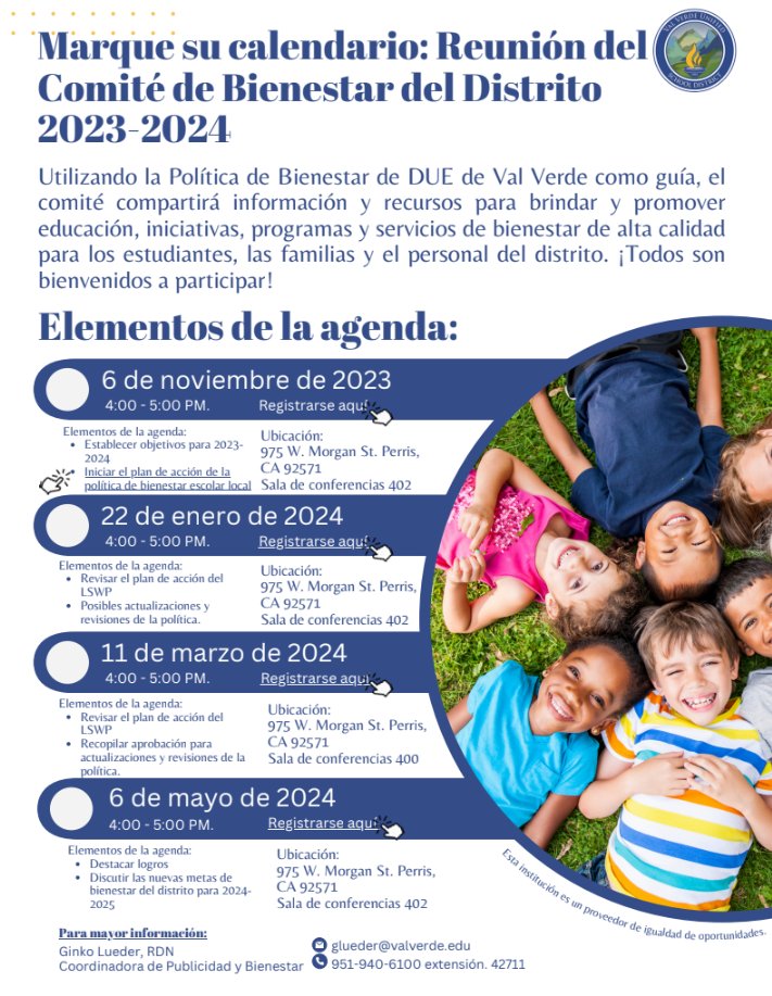 Join us for the District Wellness Committee meeting this Monday!  Let's discuss ways to promote health and wellness in our schools. See you in Conference Room 400 at the district office! RSVP through the link: forms.gle/Z2Ddy272RFRGLp…