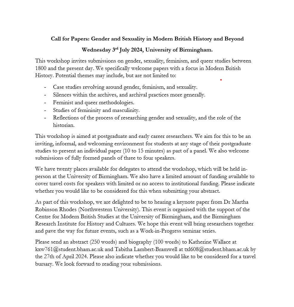 Excited to share a #cfp for our workshop on gender and sexuality in modern British history, taking place on the 3rd July at the University of Birmingham, abstracts deadline 27th April. Please share! #pgr #ecr #twitterstorians