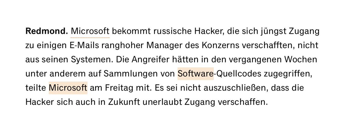 Russische Hacker haben sich bei Microsoft Zugriff auf Mails und Quellcodes verschafft Der Win-Konzern hat vor Wochen kriminelle Zugriffe auf seine Systeme festgestellt – und wird die offenbar russischen Angreifer nicht los What? Ja, schade oder wie? 😦 handelsblatt.com/technik/it-int…