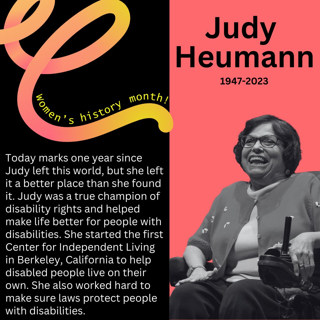 Today marks one year since Judy left this world, but she left it a better place than she found it. 

#JudyHeumann #DisabilityRights #ADA WomensHistoryMonth #PacificADACenter