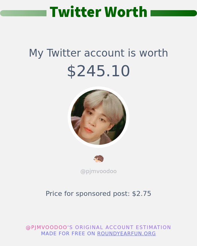 pjmvoodoo's tweet photo. My Twitter worth is: $245.10

➡️ https://t.co/fVl31iI3cS https://t.co/Ee4j24giaO