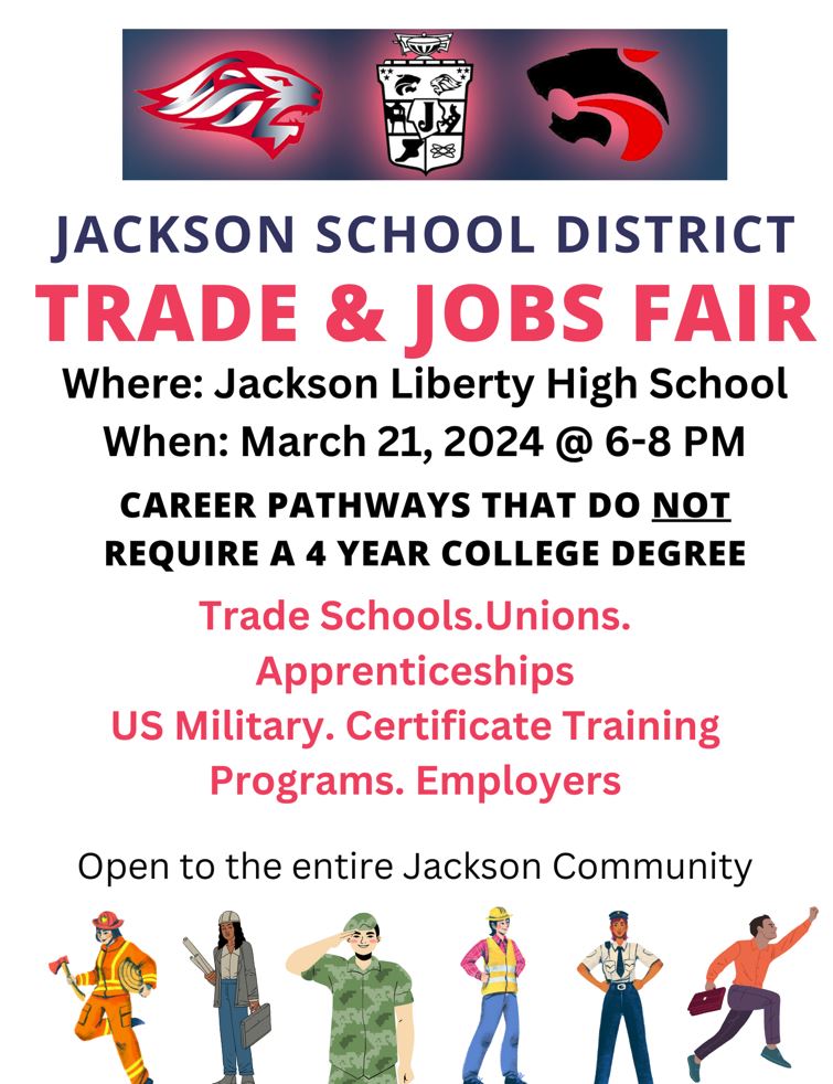 The list of representatives grows each day!  Apprenticeship programs, Unions, Employers, the US Military, Public Service all will be on hand!  Open to all members of the Jackson Community.  Also, the Lions Closet will be open from 6-8 PM!