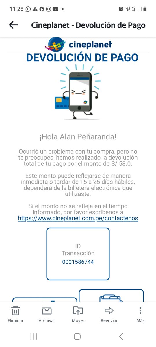 AlanAugPen's tweet photo. @cineplanet Con fecha 28/02 hice una compra por medios electrónicos a través de su APP de 2 entradas para el cine de Caminos y me cargaron a la cuenta que puse y nunca me emitieron los ticket.
Solo me llego un correo con la imagen adjunta, pero hasta la fecha no recibo la devol. https://t.co/myEAXhXrsv