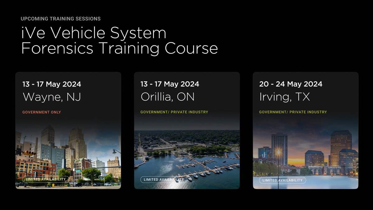 BerlaCorp's tweet photo. Our upcoming May trainings have limited availability! Don’t miss out on the opportunity to get certified in #vehicleforensics with our in-person training course.  Follow the link to view the full course schedule for our Vehicle Forensic Training! https://t.co/zOCKzsYP3V #DFIR https://t.co/2y3WPqJhoB
