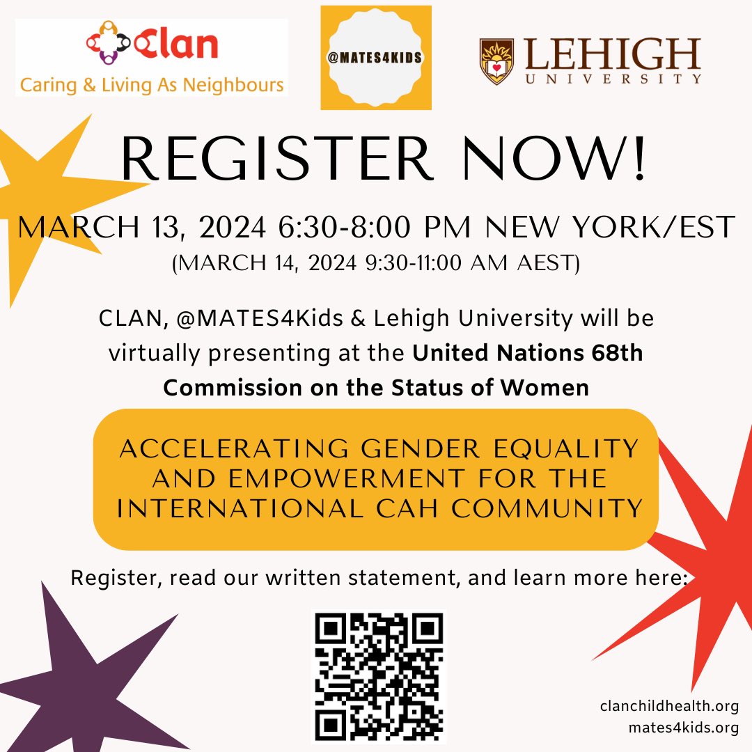 Please join us at <a href="/UN_CSW/">United Nations CSW</a> #68 on 13 March to hear global champions talk about their initiatives to redress gender inequities and prevent mortality with &amp; for the international CAH Community!

Register here - mates4kids.org/un-csw68.html

#IWD2024 #EVERYchild #WeAreCAH <a href="/UNWomenWatch/">UN Women Watch</a>