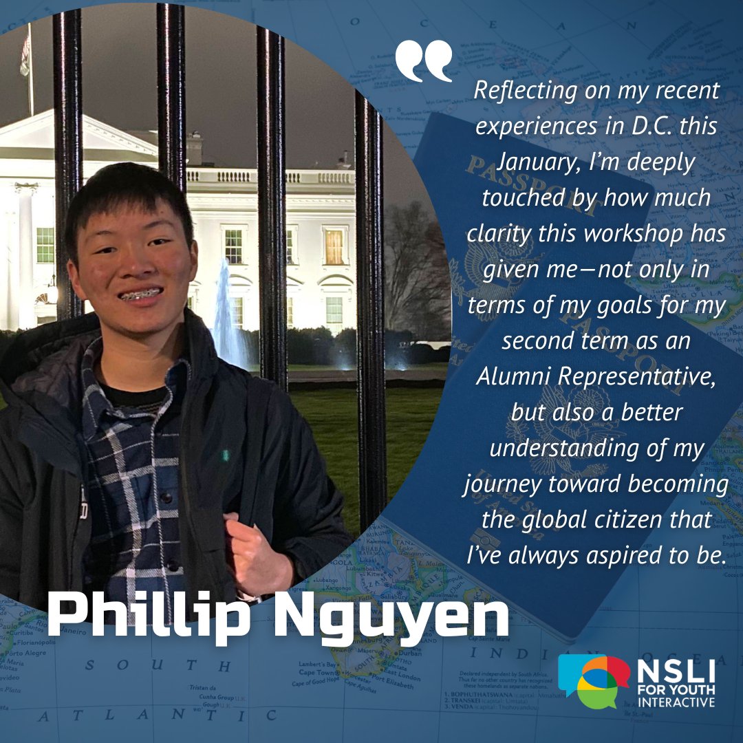 NSLI-Y Alumni Rep '24 cohort traveled to D.C. in January to learn more about their roles. Phillip, an alumnus of the '22 Chinese Virtual Summer Intensive & '23 summer program in Taiwan, reflects on his experience. He serves as a virtual rep & will attend t/ Univ. of Pennsylvania