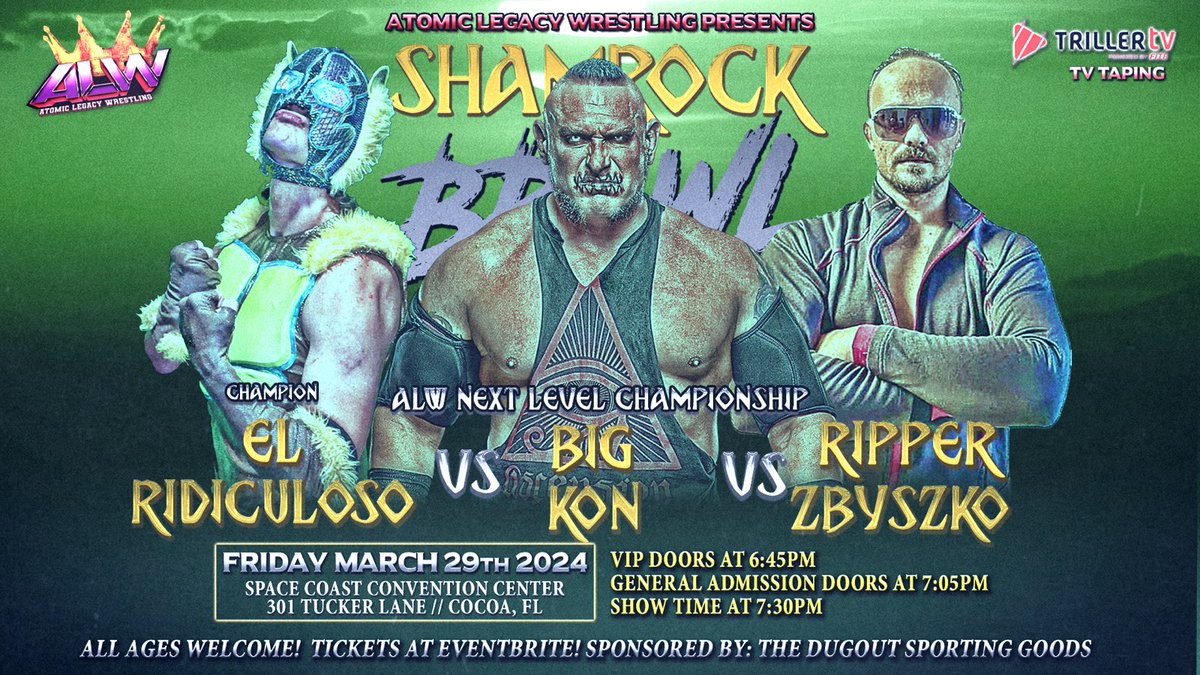WrestlingAtomic's tweet photo. ALW @WrestlingAtomic is excited to announce this EPIC Triple Threat Match taking place on Friday March 29th in Cocoa Florida!

ALW Next Level Championship:
@reELRidiculoso (C) vs. @Big_Kon1 vs. @RipperZbyszko

Buy your tickets TODAY at the link below:

https://t.co/V6DpQwyHbC https://t.co/GXKUHG84gW