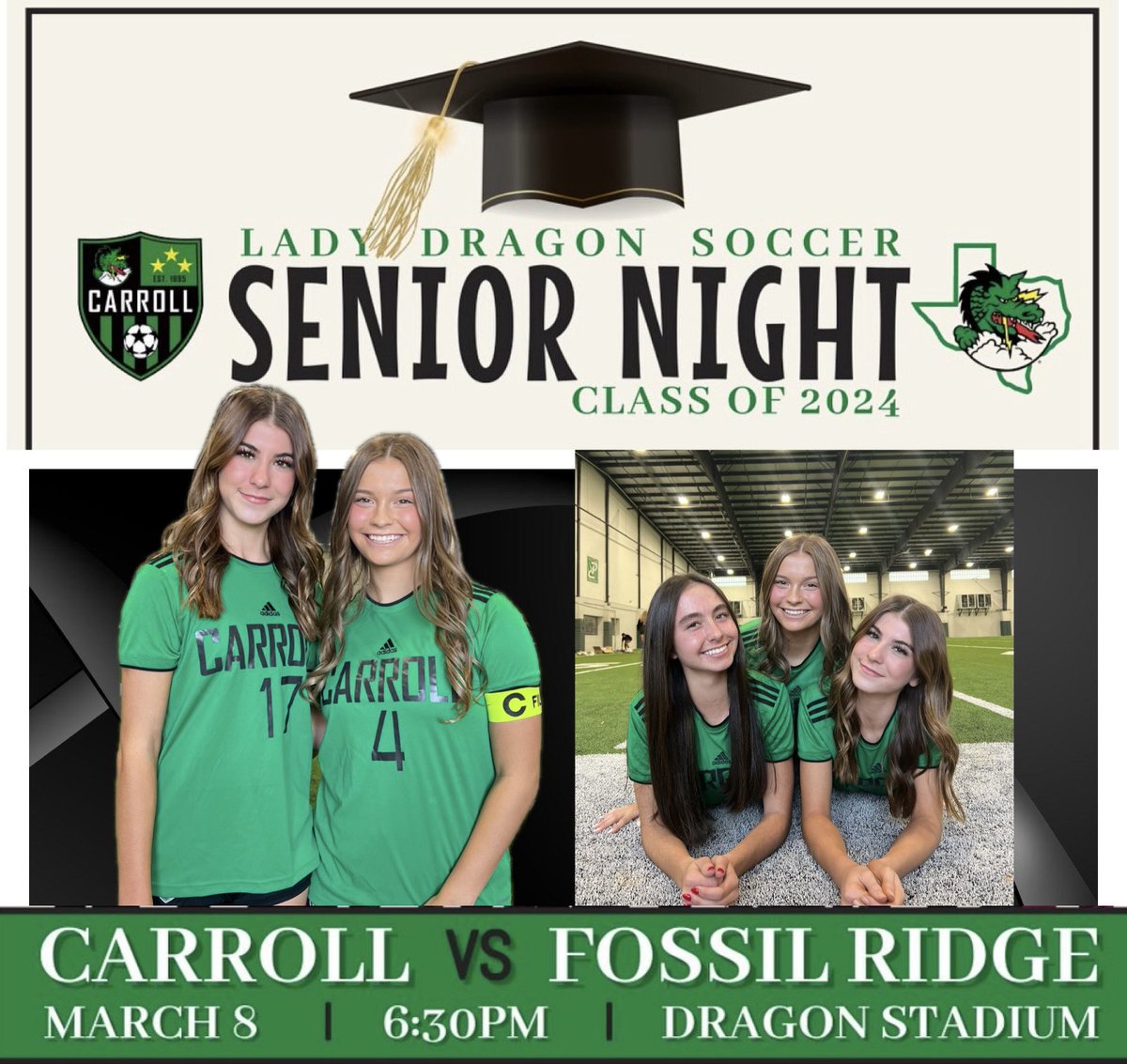 So excited to celebrate our 𝕊𝔼ℕ𝕀𝕆ℝ𝕊 tonight 💚 Especially my Big Sis @kenzitufts11 ‼️ Come out and support us ⏰ 6:30pm 📍Dragon Stadium 🐉 @SCLDS @CABCSLC @LethalSoccer @dfwvarsity @kenzitufts11 @peytonvhayes