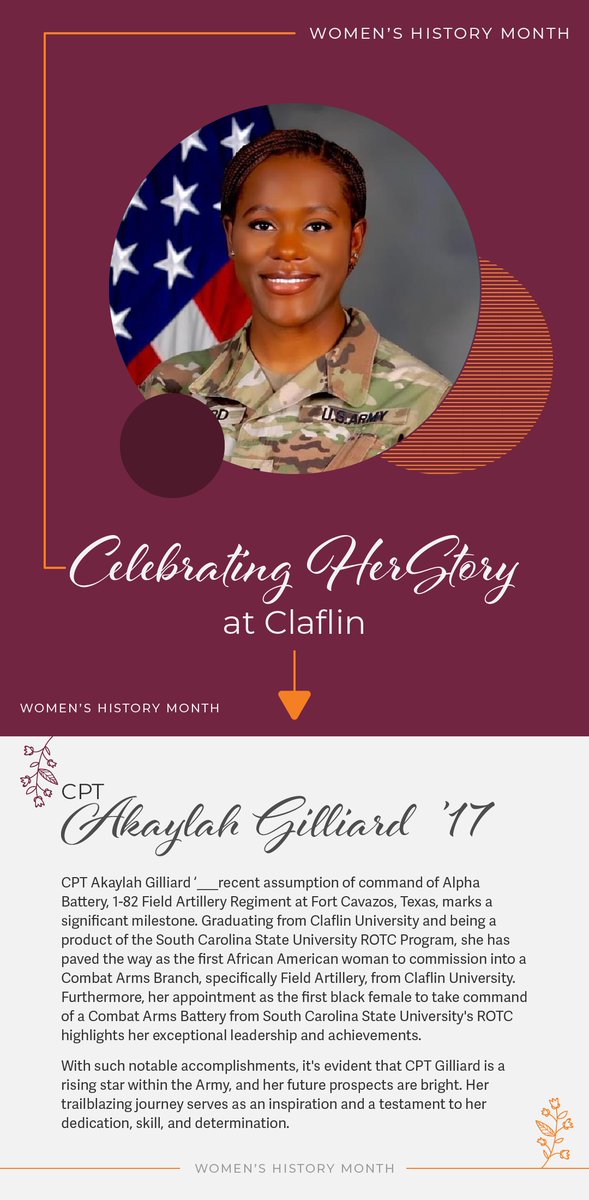 Celebrating HerStory at Claflin: CPT Akaylah Gilliard ‘17
#claflinuniversity #elevationandtransformation #claflinconfidence