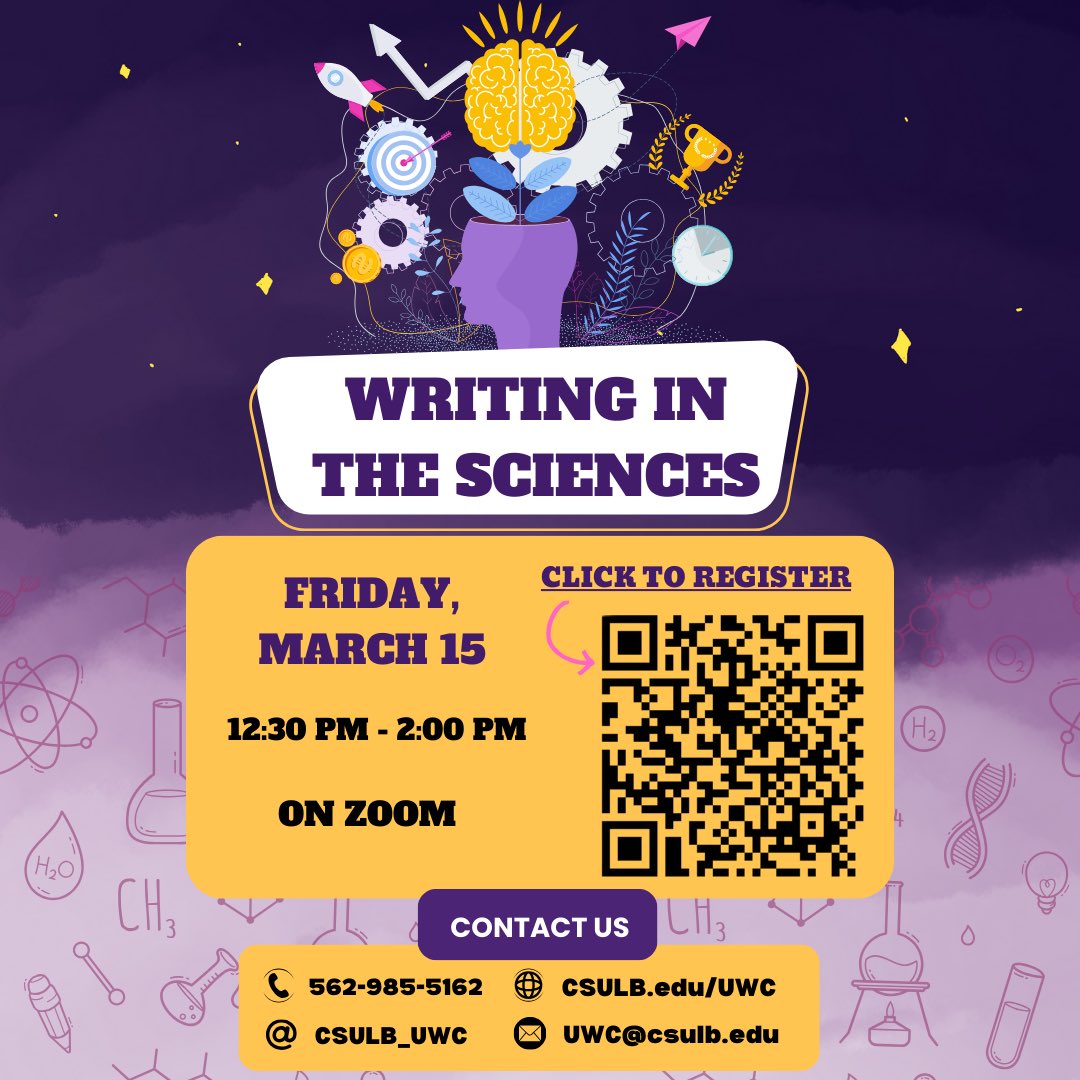 CSULB_UWC's tweet image. Calling out for the S of STEM majors 🦠

Join our Writing in the Sciences Workshop on Friday March 15th to learn about different research strategies and formats 🧬

🔗 csulb.qualtrics.com/jfe/form/SV_3B… (link in bio)

#gobeach #sciences #tutortips #writingcenter #writingcommunity #research