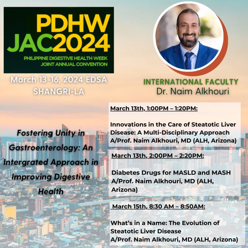 The Philippine Digestive Health Week – Joint Annual Convention (PDHW-JAC) 2024, is just around the corner! We're thrilled to announce that our very own Dr. Naim Alkhouri will be among the esteemed speakers, sharing invaluable insights in the field of Hepatology.