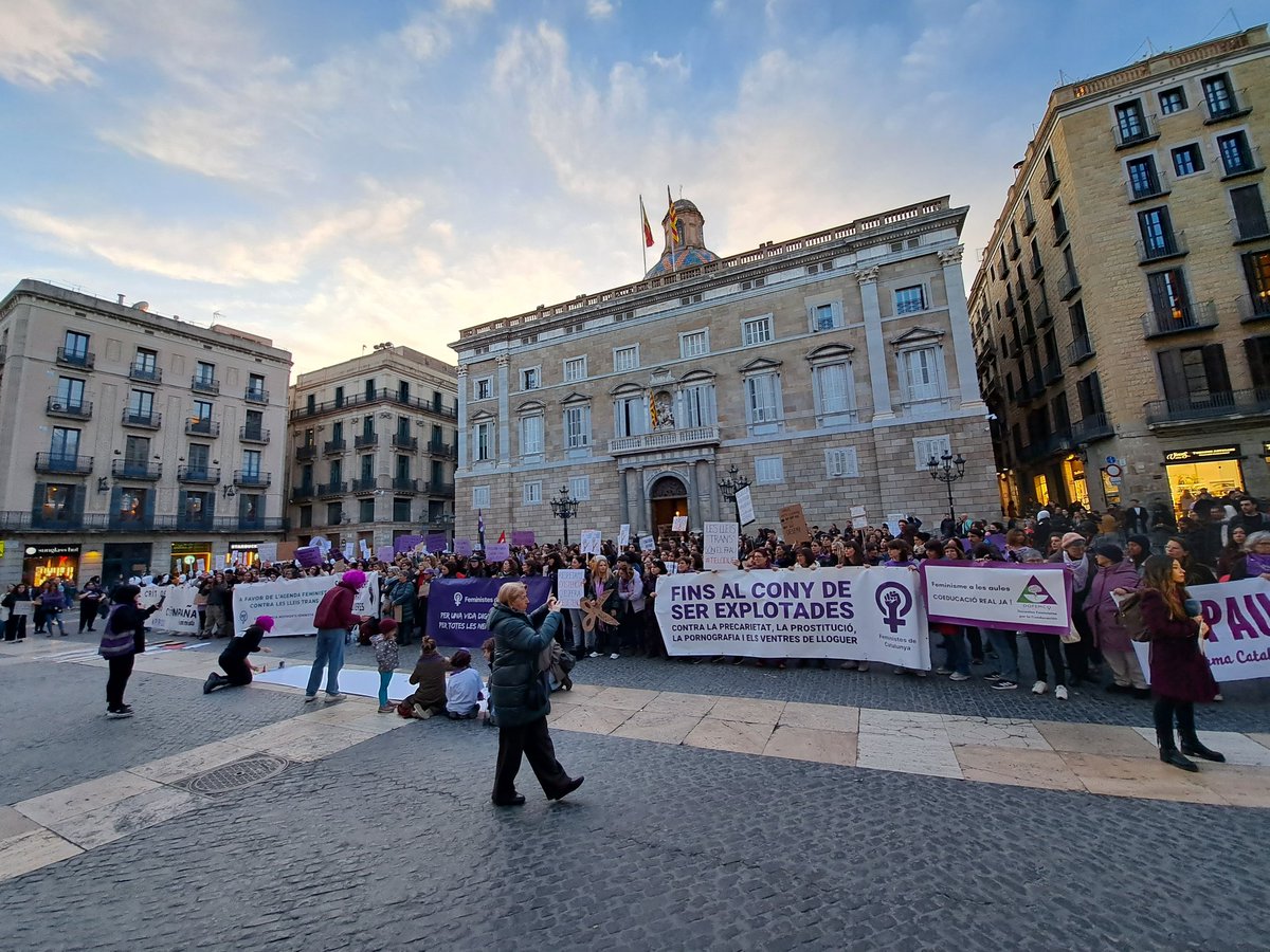 Avui #8M2024, les feministes ens hem convocat a la Pl St Jaume, davant del Palau de la Generalitat, per exigir al @govern un canvi de rumb radical en les polítiques que han d’acabar amb totes les desigualtats econòmiques i socials que patim les dones i les nenes, i 🧵