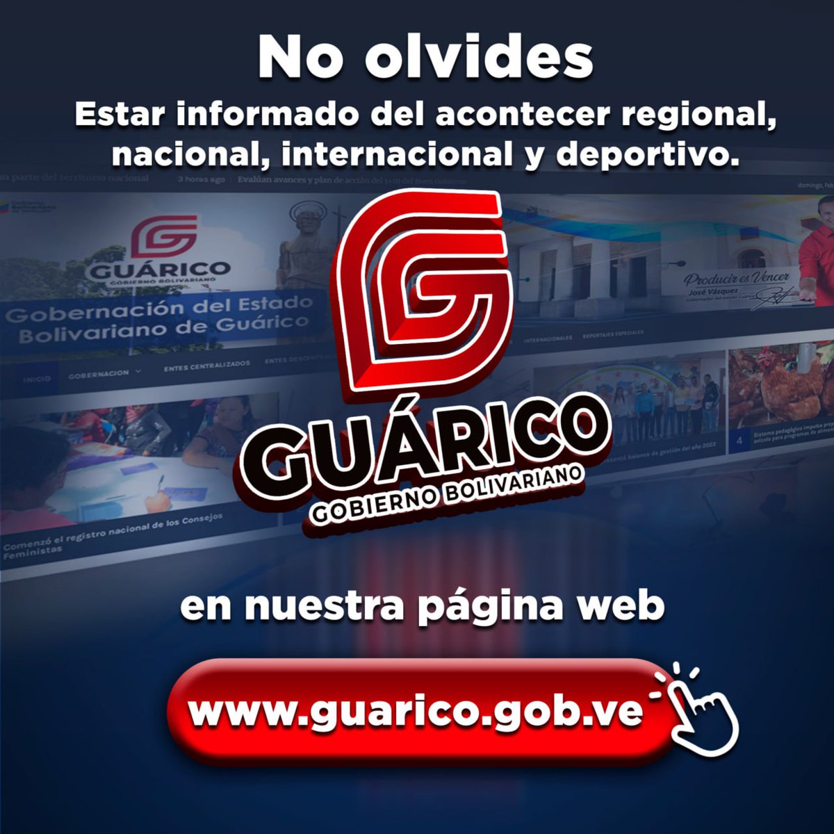¡No olvides!  

📌Mantenerte al día con los acontecimientos regionales, nacionales, internacional y deportivo en nuestra pagina Web.

Visítanos ⬇️ 
👁‍🗨 guarico.gob.ve/pagina_oficial/

#Guárico
#BienestarSocialParaElPueblo
#GuáricoProduce