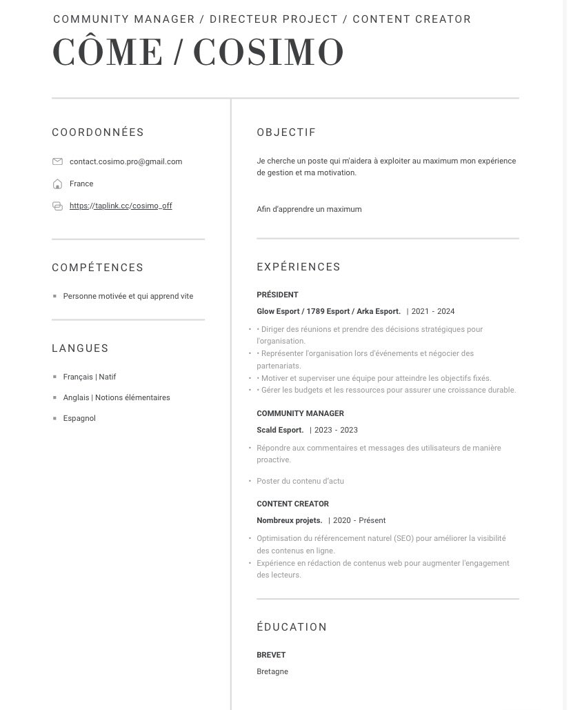 Cosimo_off's tweet image. [ 𝗙/𝗔 𝗣𝗼𝘀𝘁 📄]

Suite à mon leave de la @/structure_arka, je suis à la recherche d'une nouvelle organisation à représenter en tant que Directeur Communication, Directeur Projet ou Content Creator.

Ci joint mon CV.
Pour plus d’informations mes DM sont ouverts.

RT x FAV x V