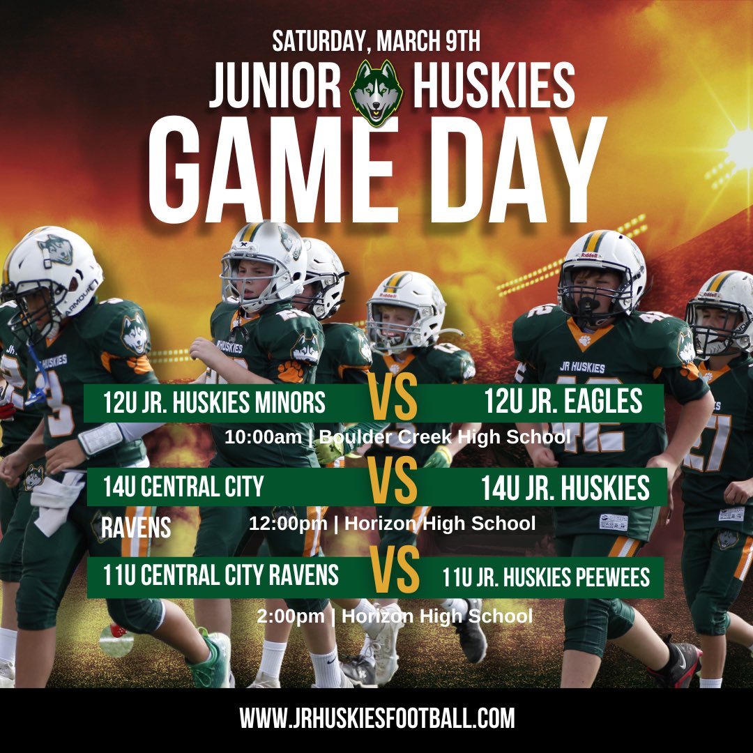 It’s GAME TIME for the Jr. Huskies. Come out and support these players as they take on the Jr. Eagles &amp; the Central City Ravens. 
LETS GO!!!! 

#youngathletes #youthfootball #tacklefootball #jrhuskies #huskies #horizon #youthsports #letsgo