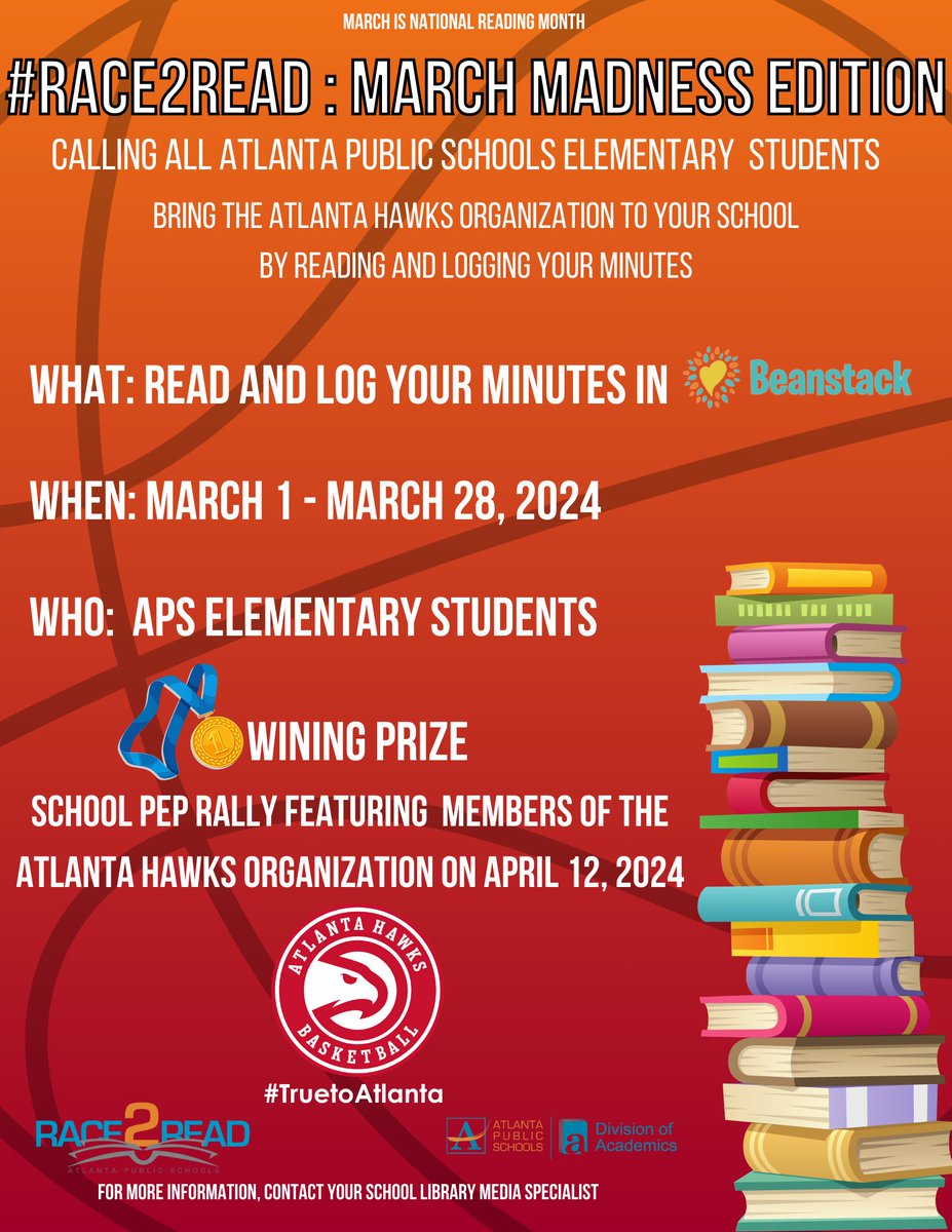 APSMediaServ's tweet image. We did it! We have read and logged over 10 MILLION MINUTES in #Beanstack! But we&apos;re not finished! The challenge continues as we #RACE2Read:March Madness Edition with the Atlanta Hawks. Let&apos;s gooooo! #Buildacitythatreads #readersareleaders #readtogether #justread