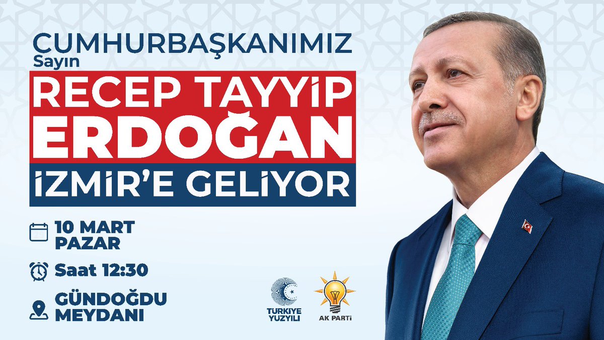 Eşsiz İzmirli hemşehrilerim; fert fert, sokak sokak şahit olduğumuz coşkumuzu demokrasi şölenine dönüştürme zamanı geldi.
Cumhurbaşkanımız Sn. Recep Tayyip Erdoğan’ın teşrifleriyle Gündoğdu Meydanında buluşuyoruz.

Hep birlikte İzmir’imizin geleceğine…

🗓️10 Mart 2024, Pazar