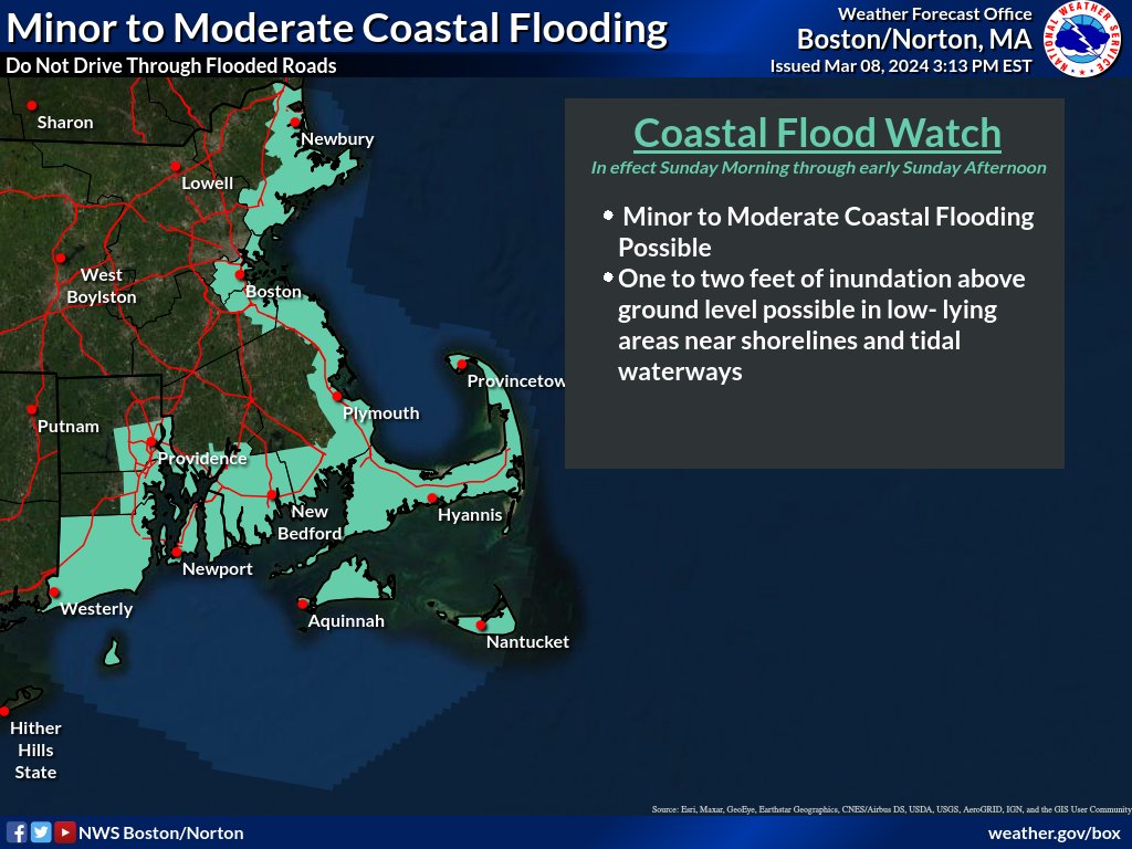 NWSBoston's tweet photo. A coastal flood watch is in effect for the coastline for the Sunday morning/early Sunday afternoon high tides. Minor to possibly moderate coastal flooding will be possible. https://t.co/jvswT9BZ4T