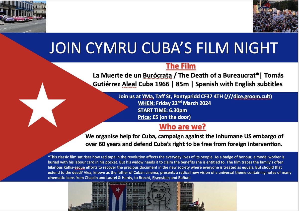 WelshCommunists's tweet photo. 🇨🇺 Cymru Cuba's Film Night @ YMa, Taff St, Pontypridd CF37 4TH 🏴󠁧󠁢󠁷󠁬󠁳󠁿

Friday, 22nd March 2024, 6:30pm.

The Death of a Bureaucrat ✏️💀 https://t.co/MZTZFX8DGO