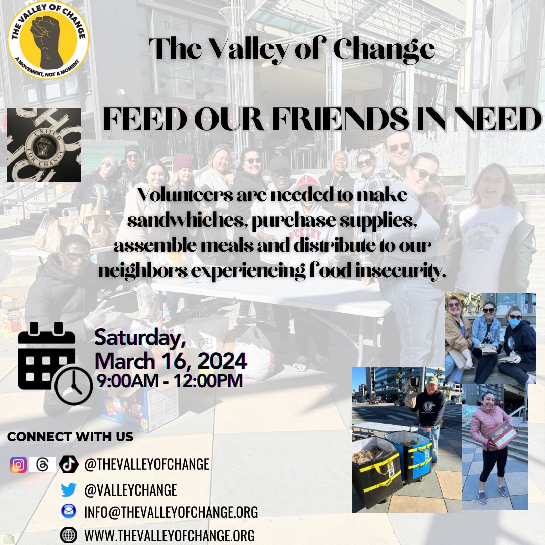 Join TVOC on Saturday, March 16th, as we Feed Our Friends In Need. Click the link in the bio to signup or to donate. 🗓 Save the date, show up & show out and get involved! ✅ #FeedOurFriendsInNeed #Community #BeTheChange #Donate #Solidarity #BLM #MutualAid #TheValleyOfChange