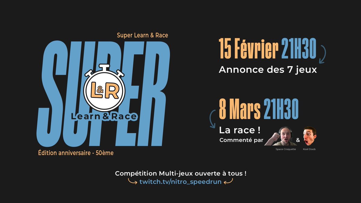 🔴 La super Learn &amp; Race est live ! 

Space_Croquette et <a href="/KoolDoob/">Kool Doob</a> sont dans les starting blocks pour vous proposer un show de qualité !

twitch.tv/nitro_speedrun