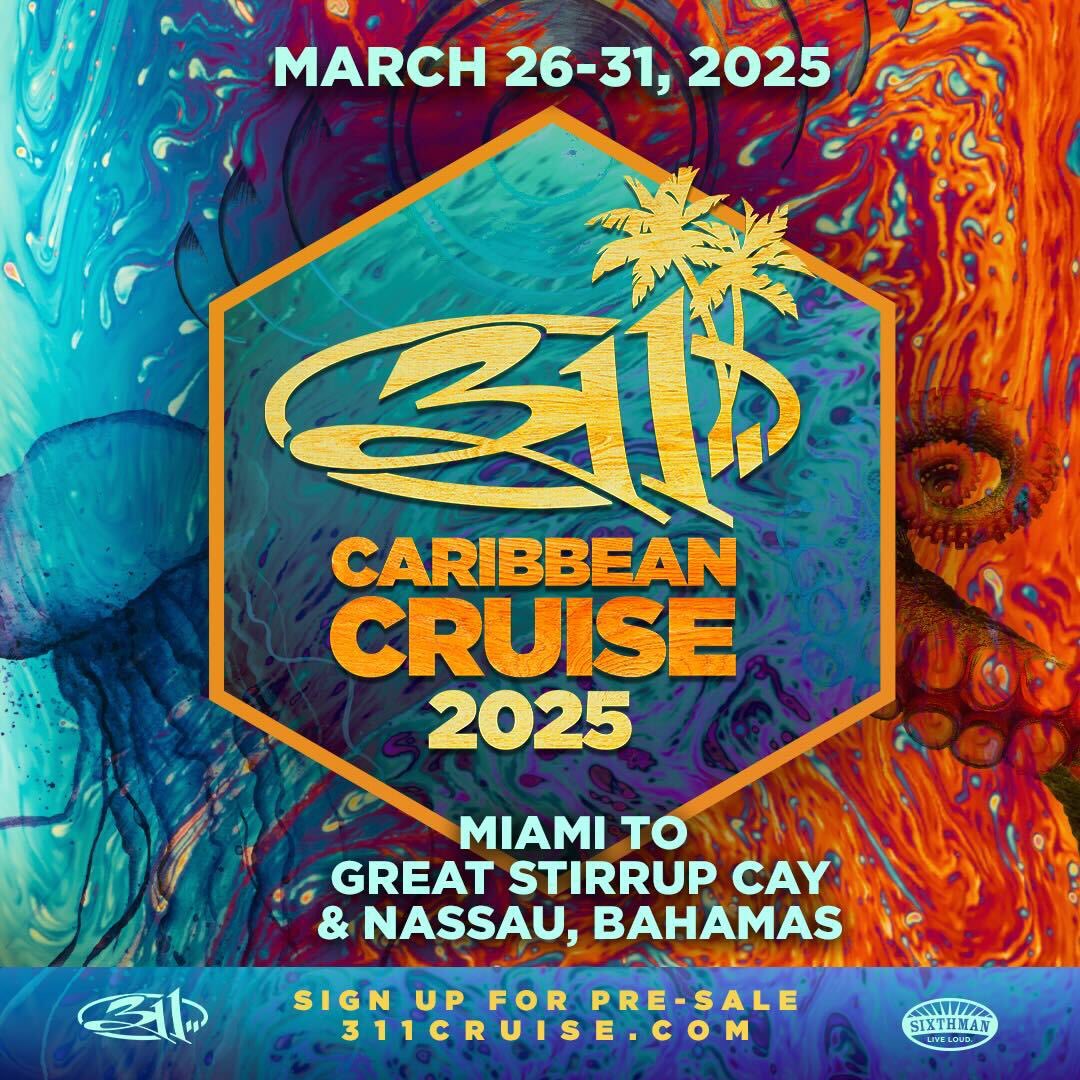 311's tweet photo. ALL ABOARD! 🚢 Mark your calendars for March 26-31, 2025 to embark on the 8th edition of the @311Cruise sailing from Miami to Great Stirrup Cay and Nassau, Bahamas. Secure your spot in line for the pre-sale NOW at https://t.co/JxJGeUMEWn! https://t.co/XGWXdCDQ2Z