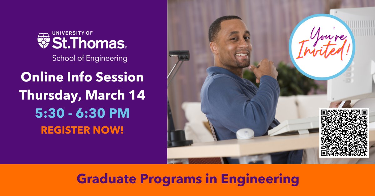 Spring ahead in your engineering career with in-demand skills! Learn how at the next @UofStThomasMN @UST_Engineering free virtual information session on our grad programs Thurs, March 14th at 5:30 PM CDT. Register now! engineering.stthomas.edu/admissions/gra… #engineering #gradschool #careers
